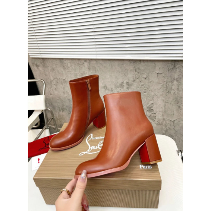 Christian Louboutin Tan Smooth Leather 85mm Block‑Heel Side‑Zip Ankle Boots