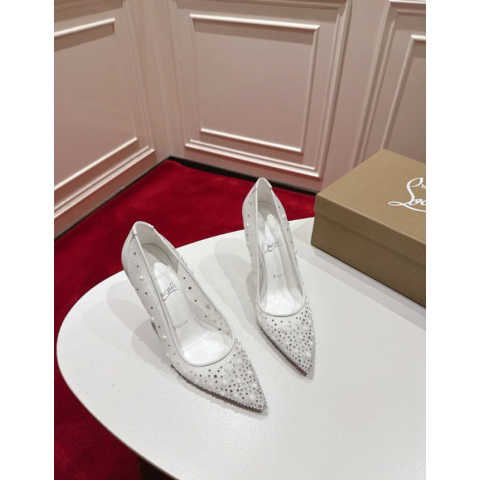 Christian Louboutin White Mesh Pearl Crystal 100mm Stiletto Heel Pumps