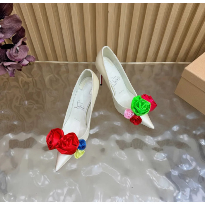 Christian Louboutin Off‑White Satin Multicolor Fabric Flower 100mm Stiletto Heel Pumps