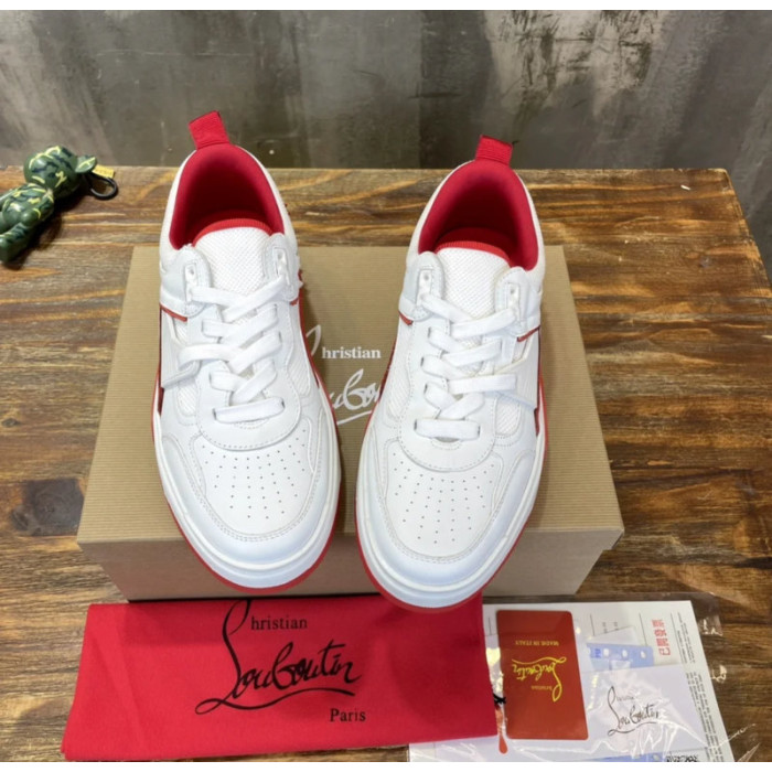 Christian Louboutin White‑Red Spiked Low‑Top Platform Sneakers
