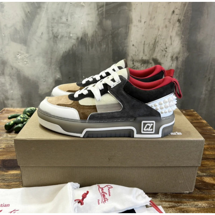 Christian Louboutin Earth‑Tone Suede Mesh Spiked Platform Low‑Top Sneakers