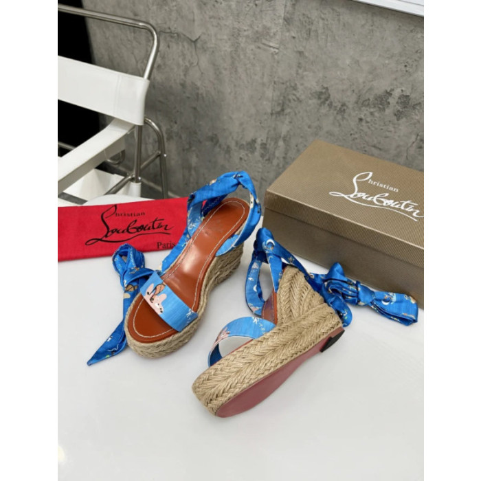 Christian Louboutin Blue Cartoon Print Fabric 120mm heel Wedge Ankle‑Wrap Espadrille Sandal