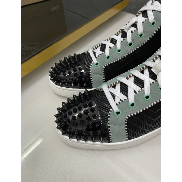 Christian Louboutin Black Chevron Mint‑Trim Orange‑Spiked High‑Top Sneakers