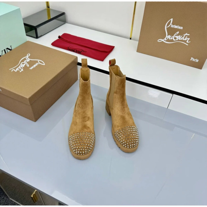 Christian Louboutin Tan Suede Stud‑Cap Chelsea Ankle Boots