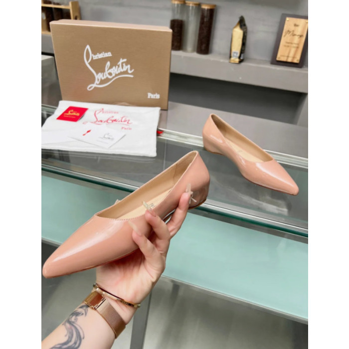 Christian Louboutin Nude Patent Leather Pointed‑Toe Low‑Wedge Heel Flats