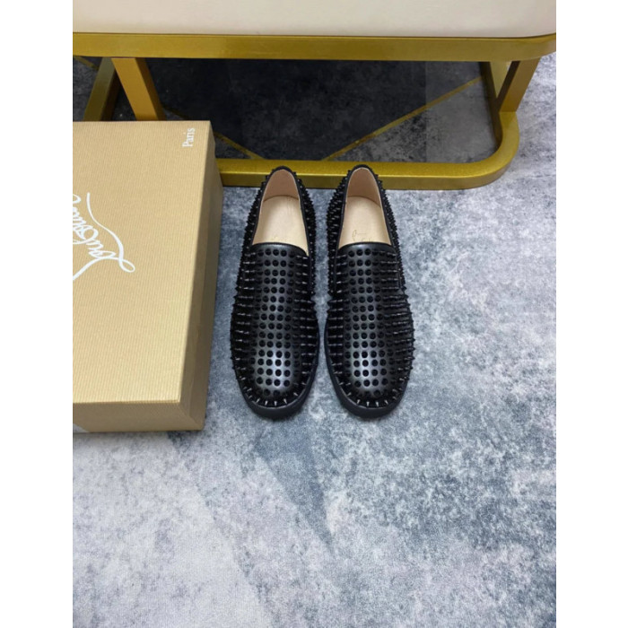 Christian Louboutin Black Leather All‑Over Spiked Slip‑On Loafers