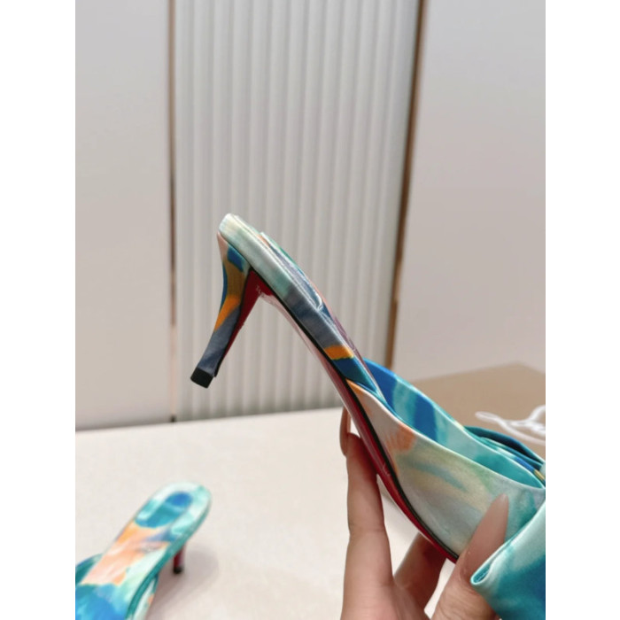 Christian Louboutin Tie‑Dye Satin Bow Mule Kitten Heel Sandals