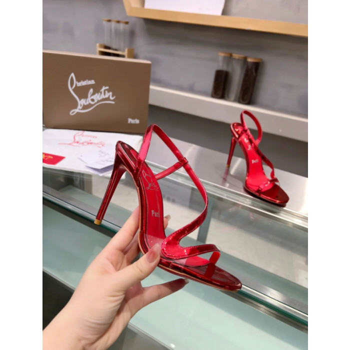 Christian Louboutin Red Patent Asymmetric Strap Slingback Sandal 100mm heel