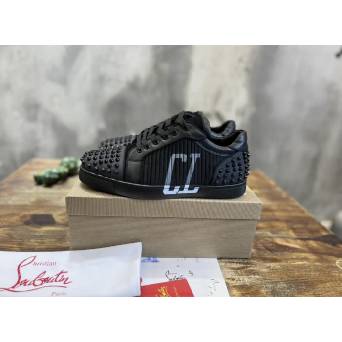 Christian Louboutin Black CL‑Logo Spiked Low‑Top Sneakers