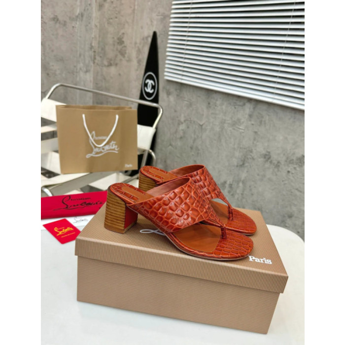 Christian Louboutin Terracotta Croc‑embossed Leather 55mm Block Heel Mule Sandal