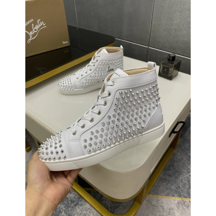 Christian Louboutin White Leather Full Silver‑Spiked High‑Top Sneakers