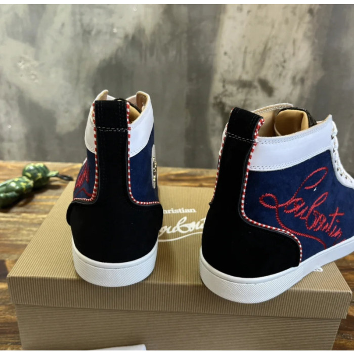 Christian Louboutin Navy Canvas Embroidered Color‑Block High‑Top Sneakers