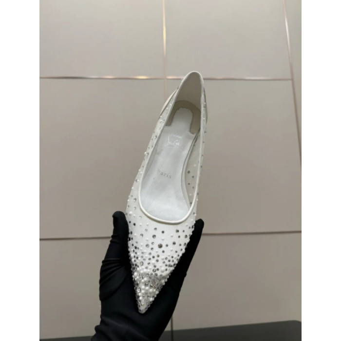 Christian Louboutin White Mesh Crystal Pearl Pointed‑Toe Flat Pumps