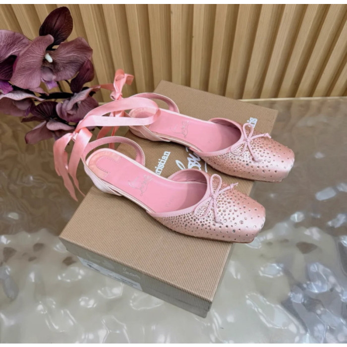 Christian Louboutin Pink Satin Crystal‑Embellished Ankle‑Tie Ballet Flats
