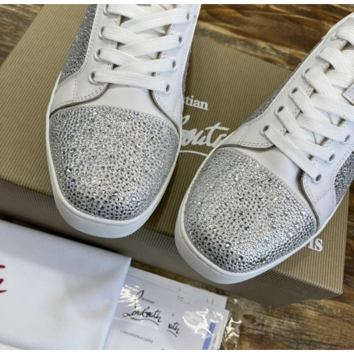 Christian Louboutin White Leather Silver Crystal‑Embellished Low‑Top Men’s Sneakers