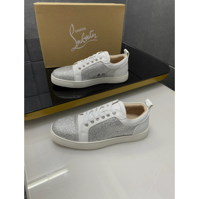Christian Louboutin White Leather Silver Crystal‑Encrusted Low‑Top Sneakers