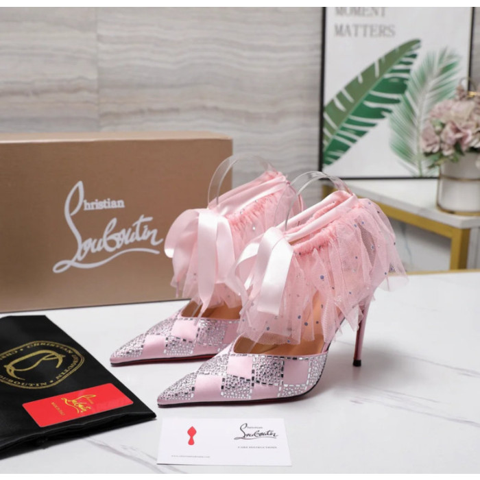 Christian Louboutin Pastel Pink Satin Checkerboard Crystal Tulle Ruffle 100mm Stiletto Heel Pumps