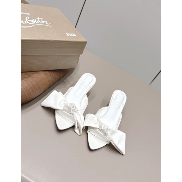 Christian Louboutin White Satin Large‑Bow Pointed‑Toe Mule Kitten Heel Sandals 55mm heel