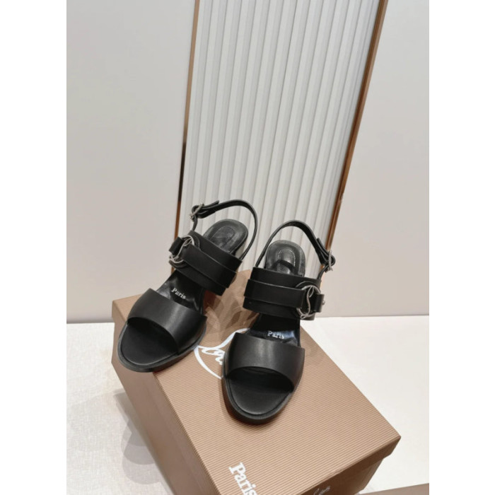 Christian Louboutin Black Leather Metal‑Ring Block Heel Sandals