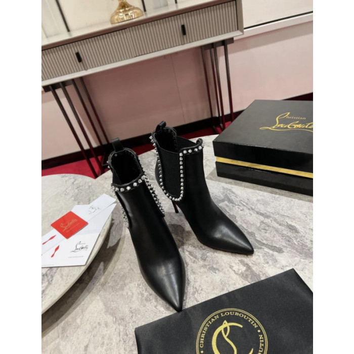 Christian Louboutin Black Leather 100mm Spiked Stiletto Pointed Toe Ankle Boots