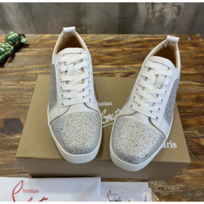 Christian Louboutin White Leather Silver Crystal‑Embellished Low‑Top Men’s Sneakers