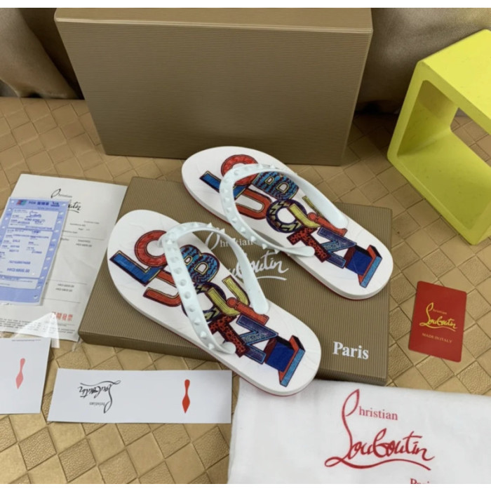 Christian Louboutin White Multi‑Color Graphic Print Studded Flip‑Flop Sandals