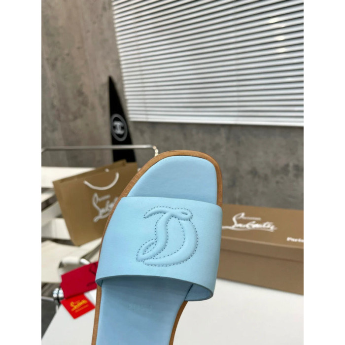 Christian Louboutin Sky‑Blue Leather Stitched Logo Wood‑trim Flat Slide