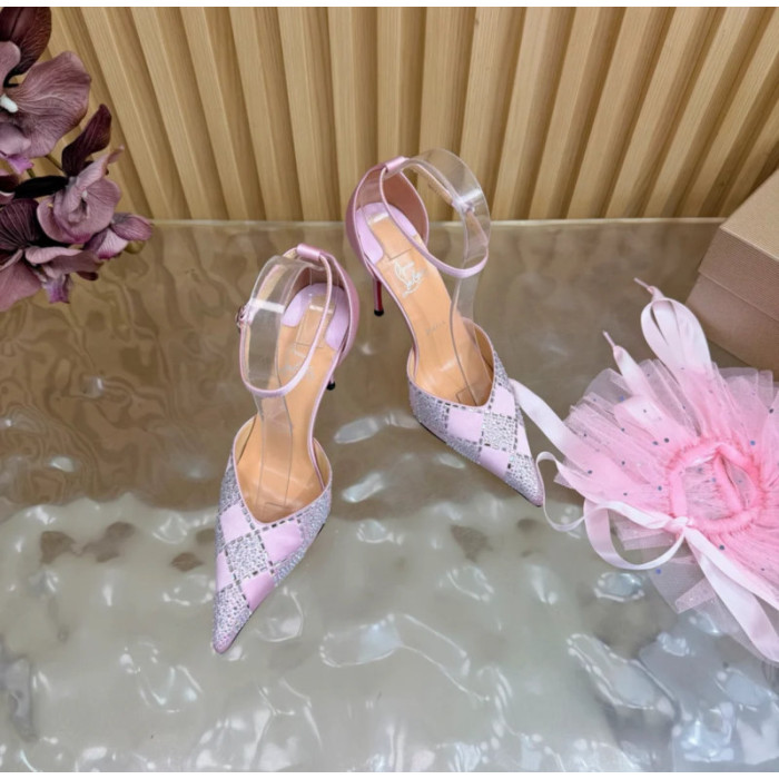 Christian Louboutin Pink Satin Checkered Crystal‑Embellished 100mm Stiletto Heel Ankle‑Strap Pumps
