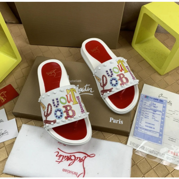 Christian Louboutin White Cartoon‑Graffiti Spiked Slide Sandals Red Footbed