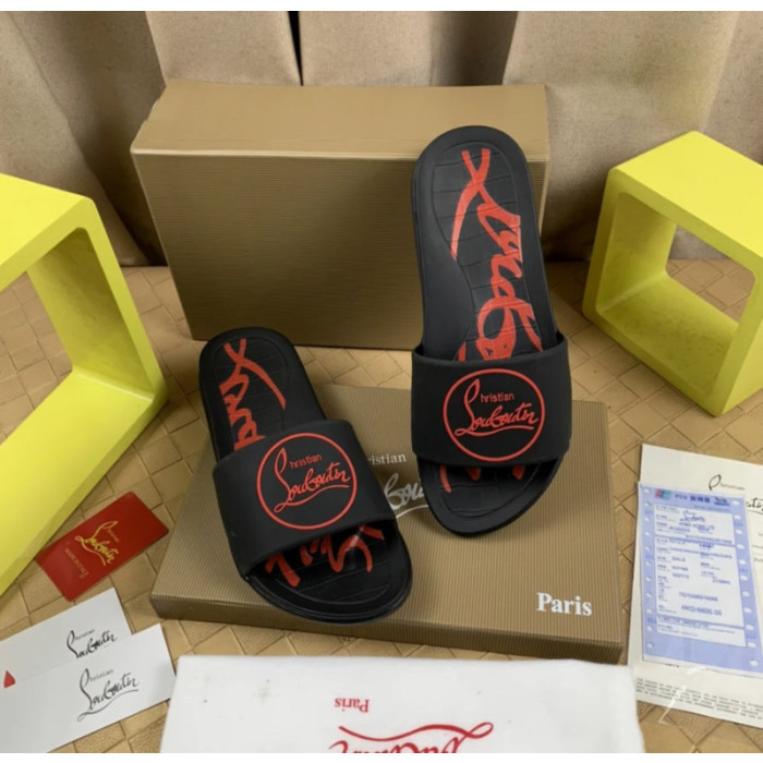 Christian Louboutin Black Rubber Slide Sandals Red Circular Logo Print