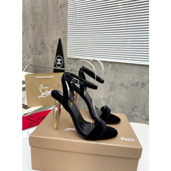 Christian Louboutin Black Velvet 100mm heel Ankle Strap Sandals