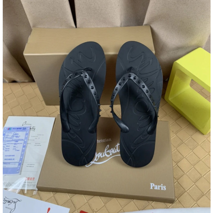 Christian Louboutin Black Embossed‑Logo Studded Flip‑Flop Sandals