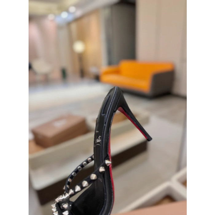 Christian Louboutin Black Nappa Leather 100mm heel Silver‑Spiked Mule High‑Heel Sandals