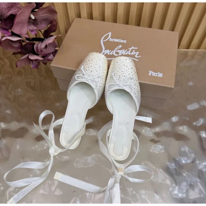 Christian Louboutin White Satin Crystal‑Embellished Ankle‑Tie Slingback Ballet Flats