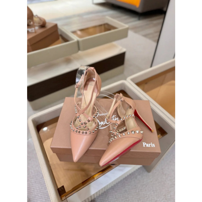Christian Louboutin Nude Leather Spiked Crisscross Strap Pointed‑Toe High‑Heel Pumps
