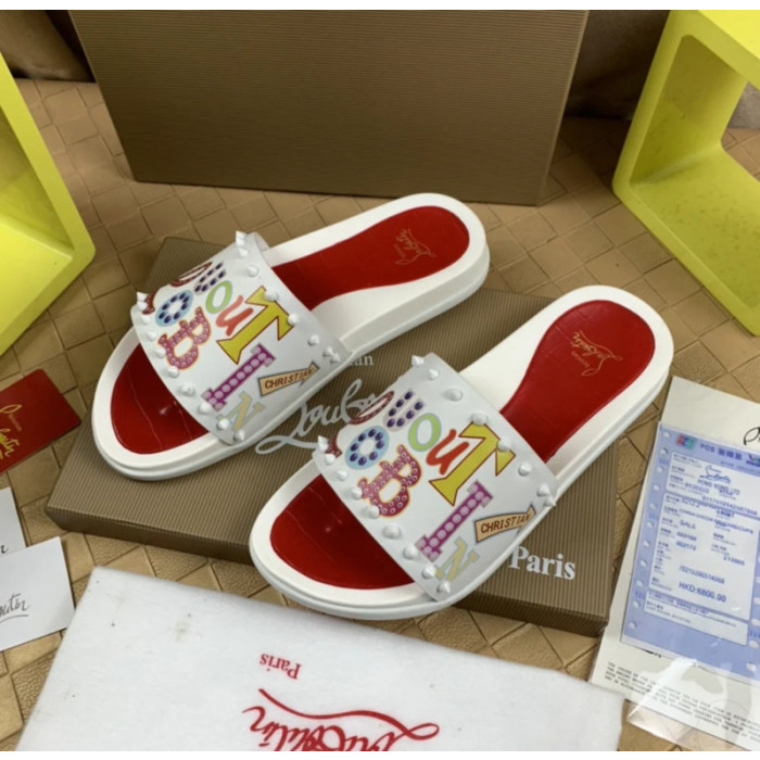 Christian Louboutin White Cartoon‑Graffiti Spiked Slide Sandals Red Footbed