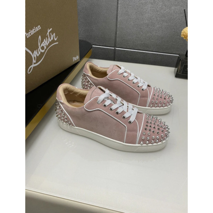 Christian Louboutin Pink Suede Silver‑Spiked Low‑Top Sneakers