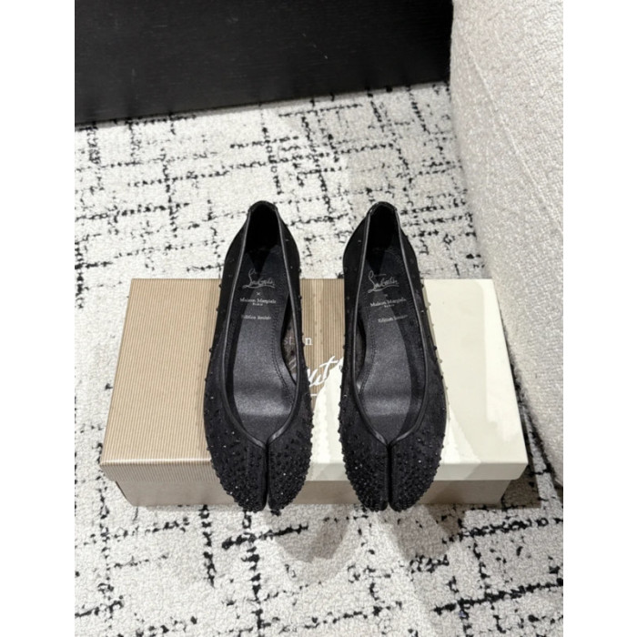Christian Louboutin × Maison Margiela Black Mesh Crystal Tabi Split‑Toe Wedge Flats