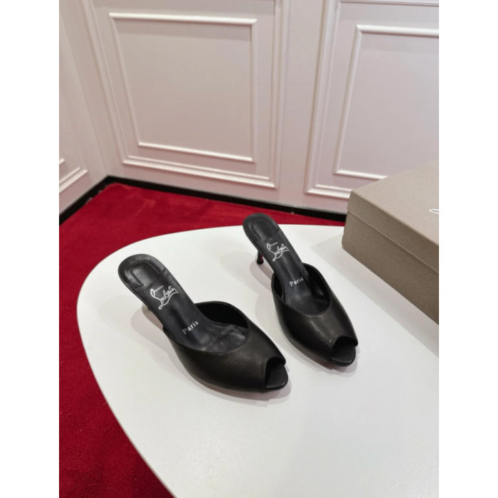 Christian Louboutin Black Leather 55mm Peep‑Toe Mule Heels