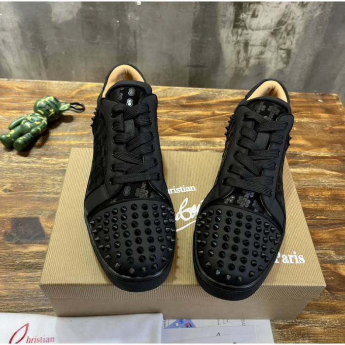 Christian Louboutin Black Monogram‑Print Spike‑Embellished Low‑Top Sneakers