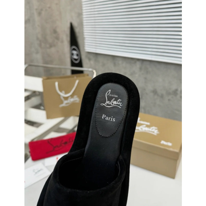 Christian Louboutin Black Suede Platform Flat Slide Sandal