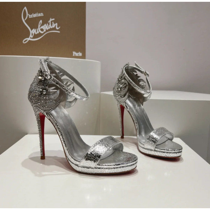 Christian Louboutin Silver Crackled Leather Crystal 120mm Platform Heel Sandals