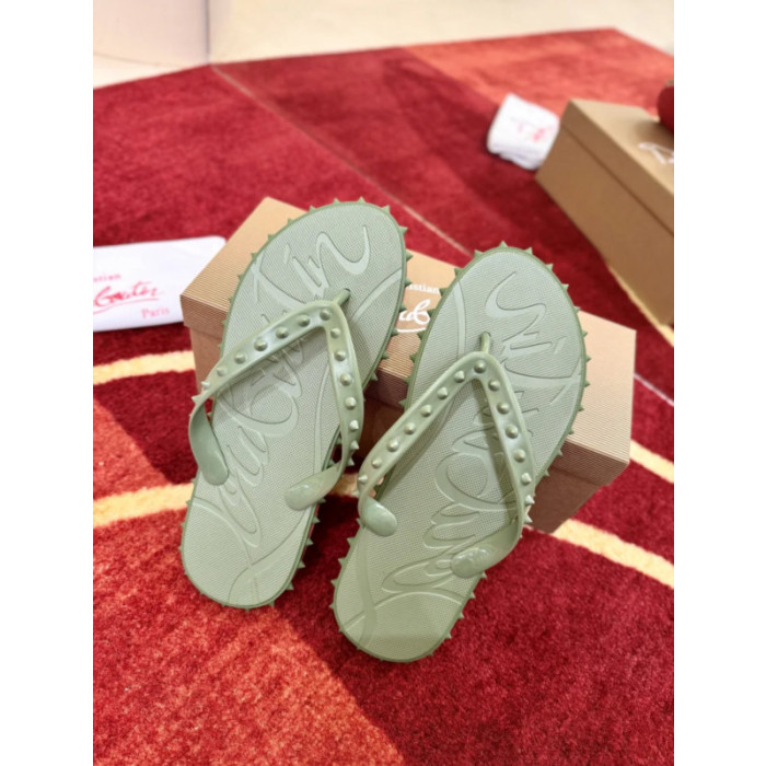Christian Louboutin Sage Green Rubber Stud‑Decorated Flip‑Flops