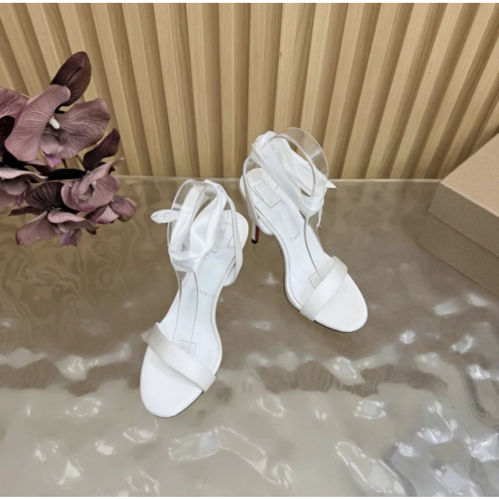 Christian Louboutin White Satin 100mm Ankle‑Wrap Tie Stiletto Sandals