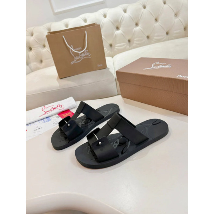 Christian Louboutin Black Rubber Double‑Buckle Slide Sandals