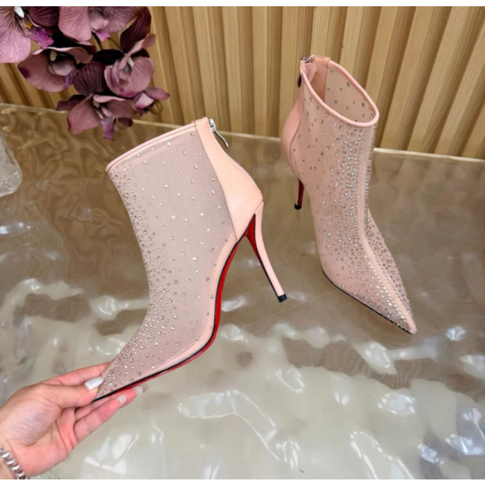 Christian Louboutin Nude Mesh 100mm Crystal‑Embellished Pointed Toe Stiletto Heel Ankle Boots