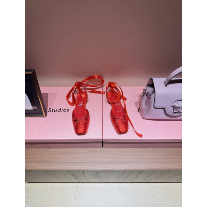 Christian Louboutin Red Satin Crystal Tie‑Ankle Ballet Flats