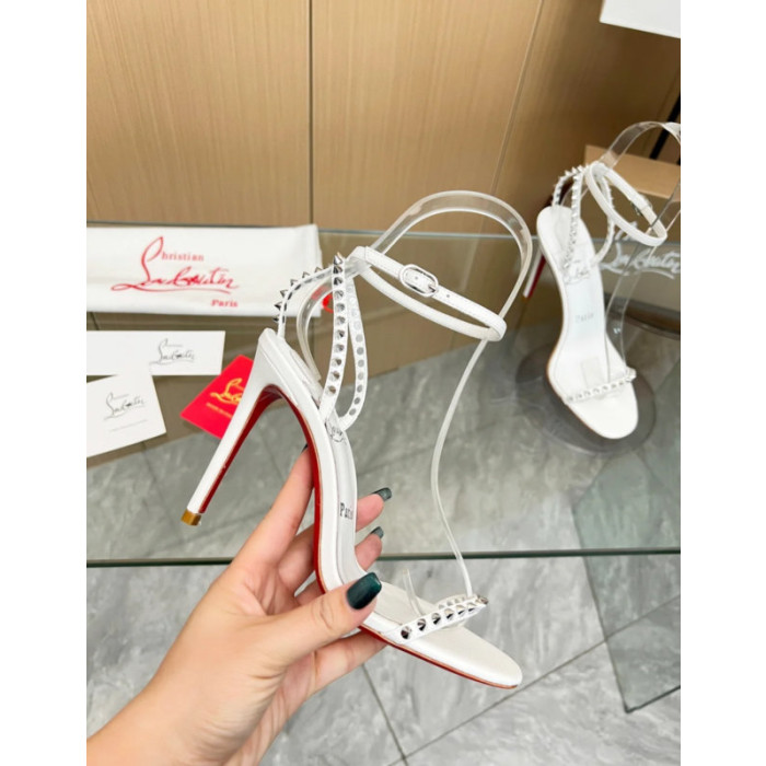 Christian Louboutin White Leather Spiked Ankle‑Strap Sandal 100mm heel