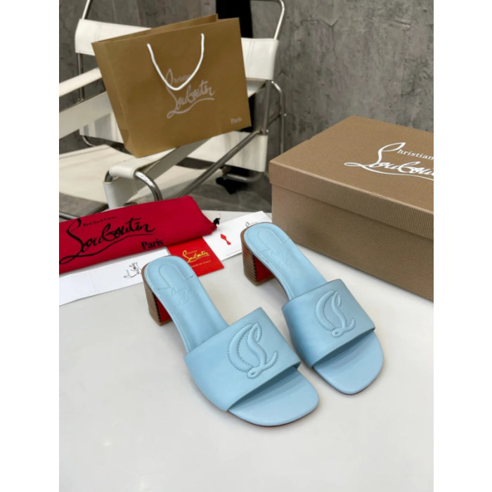 Christian Louboutin Light Blue Leather 55mm heel Block Heel Slide Sandal