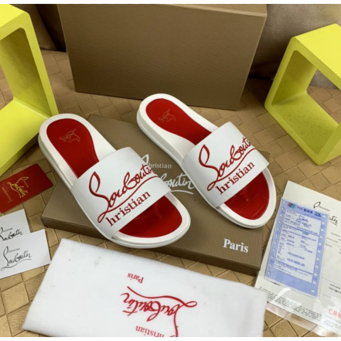Christian Louboutin White Slide Sandals With Red Embossed Signature Logo